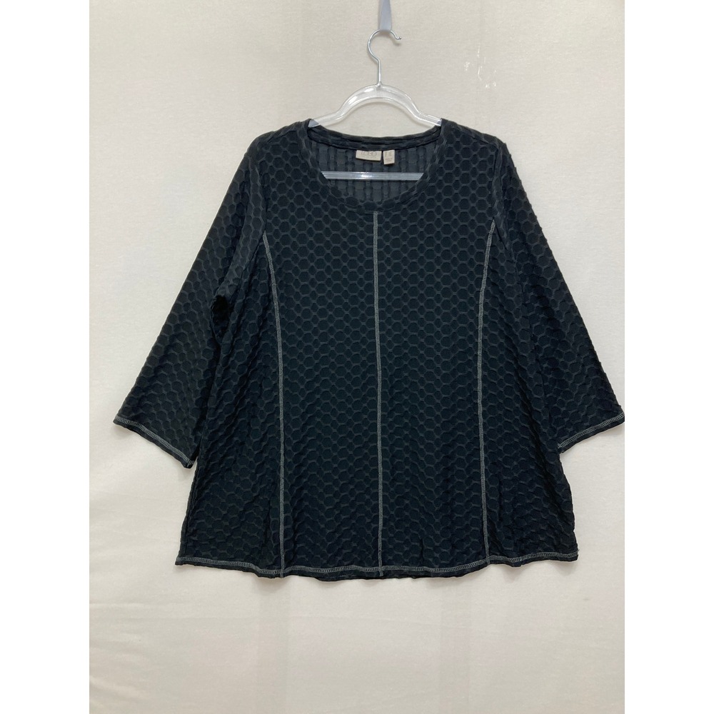 LOGO Lori Goldstein Top 1X Black Honeycomb Textured 3/4 Sleeve A-Line Blouse